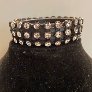 8” Retro 1990s black leather cuff bracelet & 78 bezel set studded crystals